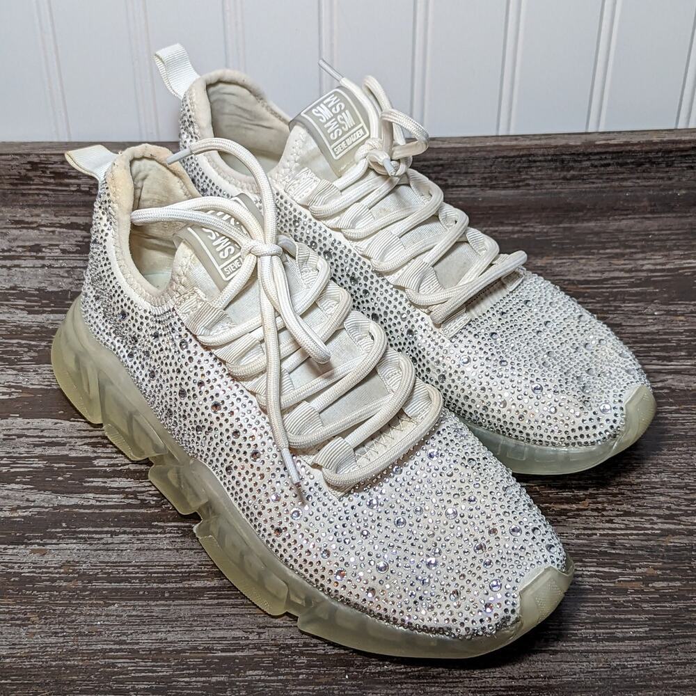 Steve Madden Women's White Sparkle Rhinestone Tennis Shoes Size 9M